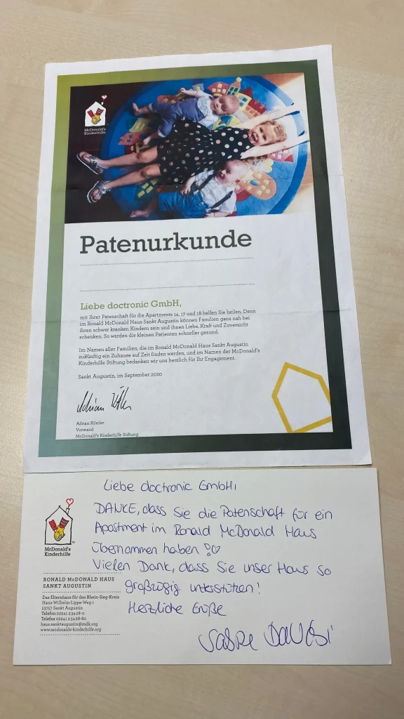 Patenurkunde für ein Apartment im Ronald McDonald-Haus