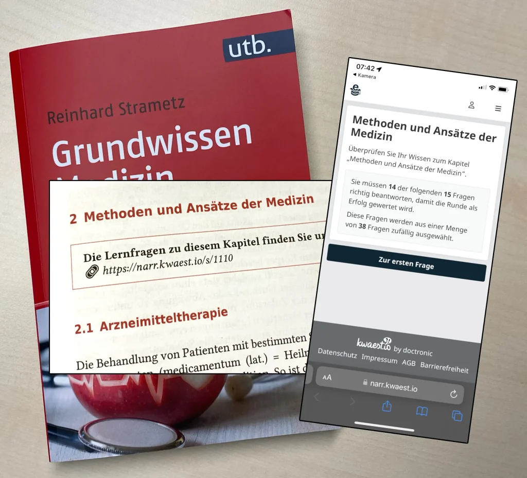 Buch "Grundwissen Medizin" mit Lernfragen-Link zu kwaest.io auf einem Smartphone angezeigt