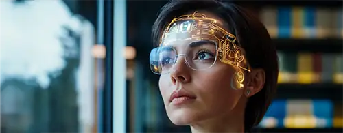 Frau mit futuristischer Datenvisualisierung auf Stirn, die Technologie und KI symbolisiert