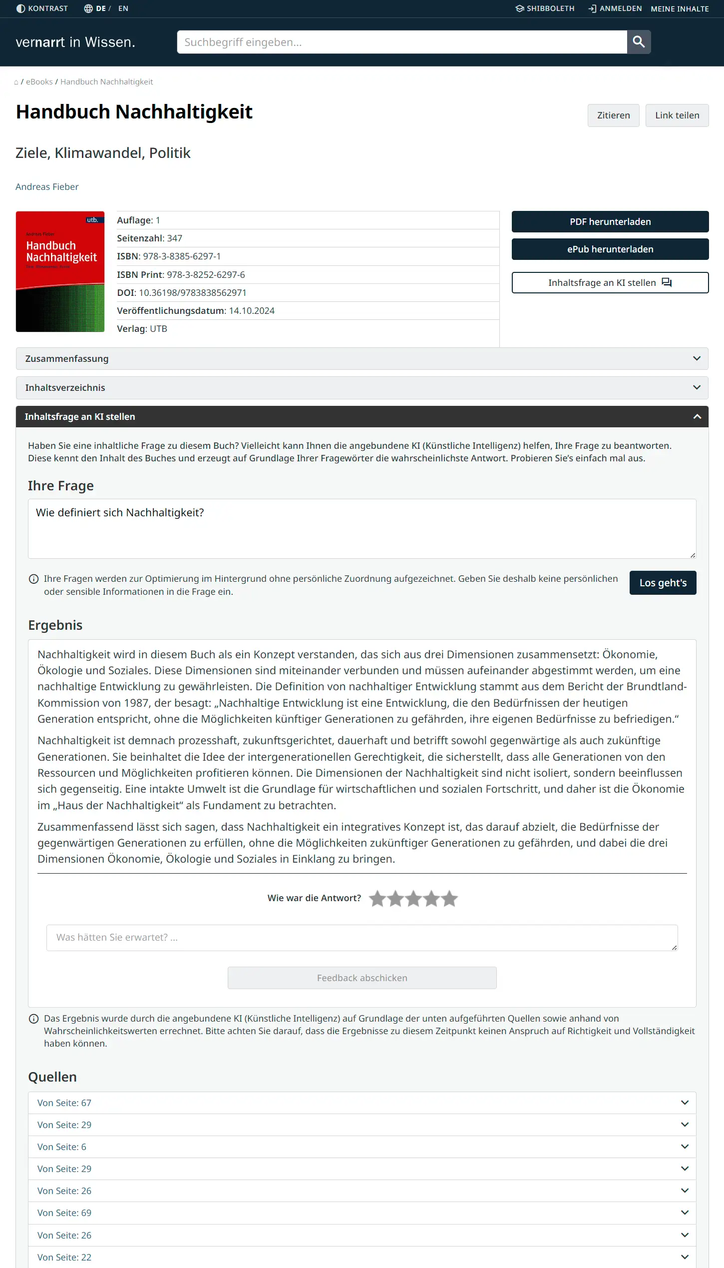 Screenshot des Narr Francke Attempto-Tools "Frag das Buch"