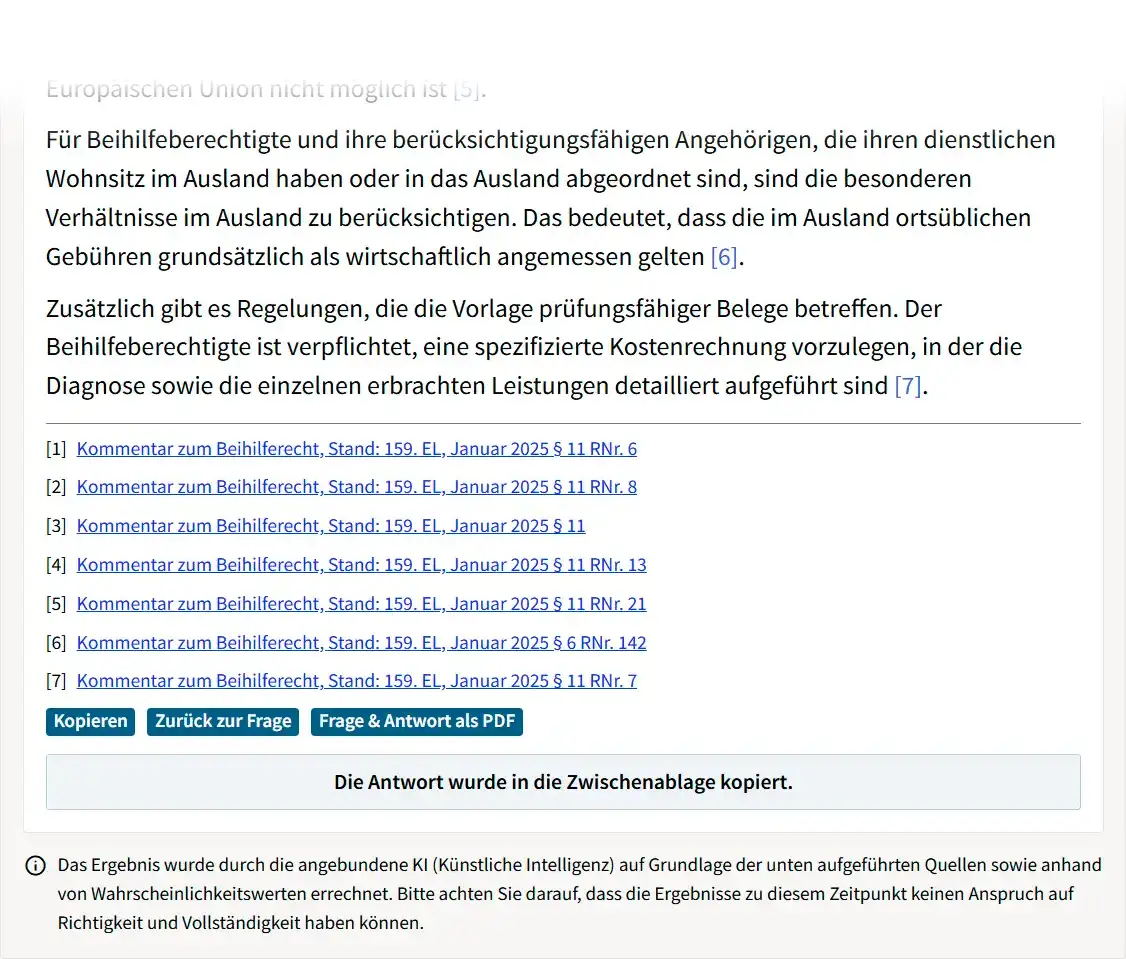Antwort und Quellenangaben bei KI.Assist