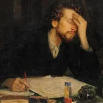 Ölgemälde eines Mannes, der denkend und mit Hand an der Stirn etwas verfasst