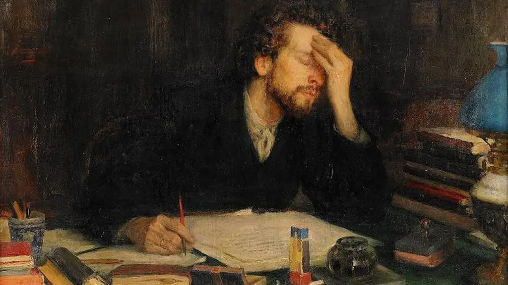 Ölgemälde eines Mannes, der denkend und mit Hand an der Stirn etwas verfasst