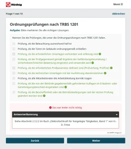 Screenshot einer digitalen Ordnungsprüfung nach TRBS 1201 mit Checkliste und Ergebnisübersicht.