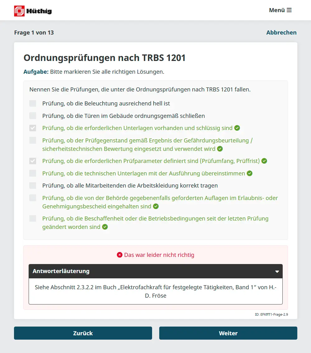 Screenshot einer digitalen Ordnungsprüfung nach TRBS 1201 mit Checkliste und Ergebnisübersicht.