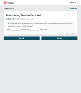 Screenshot einer Online-Aufgabe zur Berechnung des Ersatzwiderstands mit Eingabefeld.