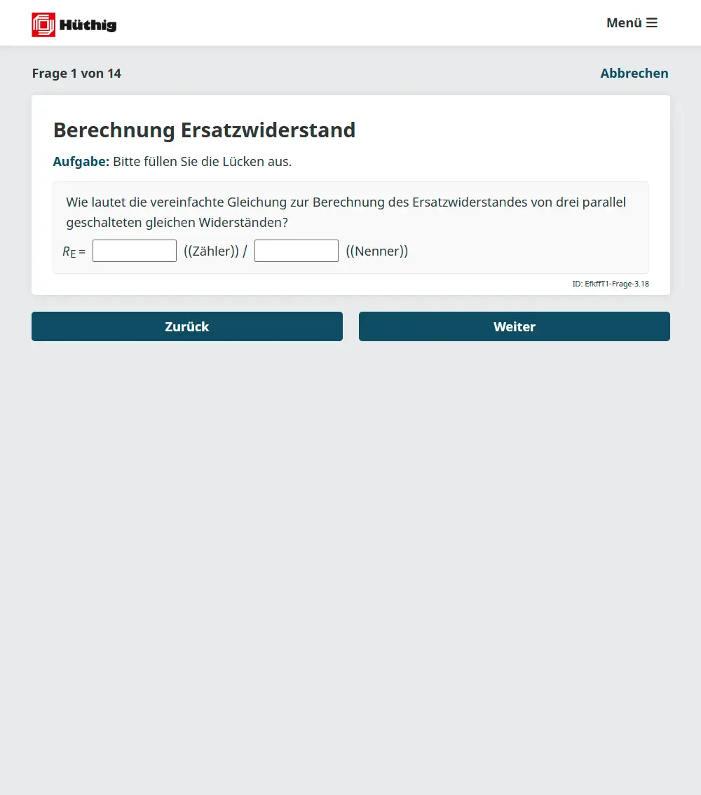 Screenshot einer Online-Aufgabe zur Berechnung des Ersatzwiderstands mit Eingabefeld.