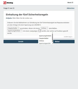 Screenshot einer Online-Übung zur Einhaltung der Kern-Sicherheitsregeln mit Auswahlfeldern.