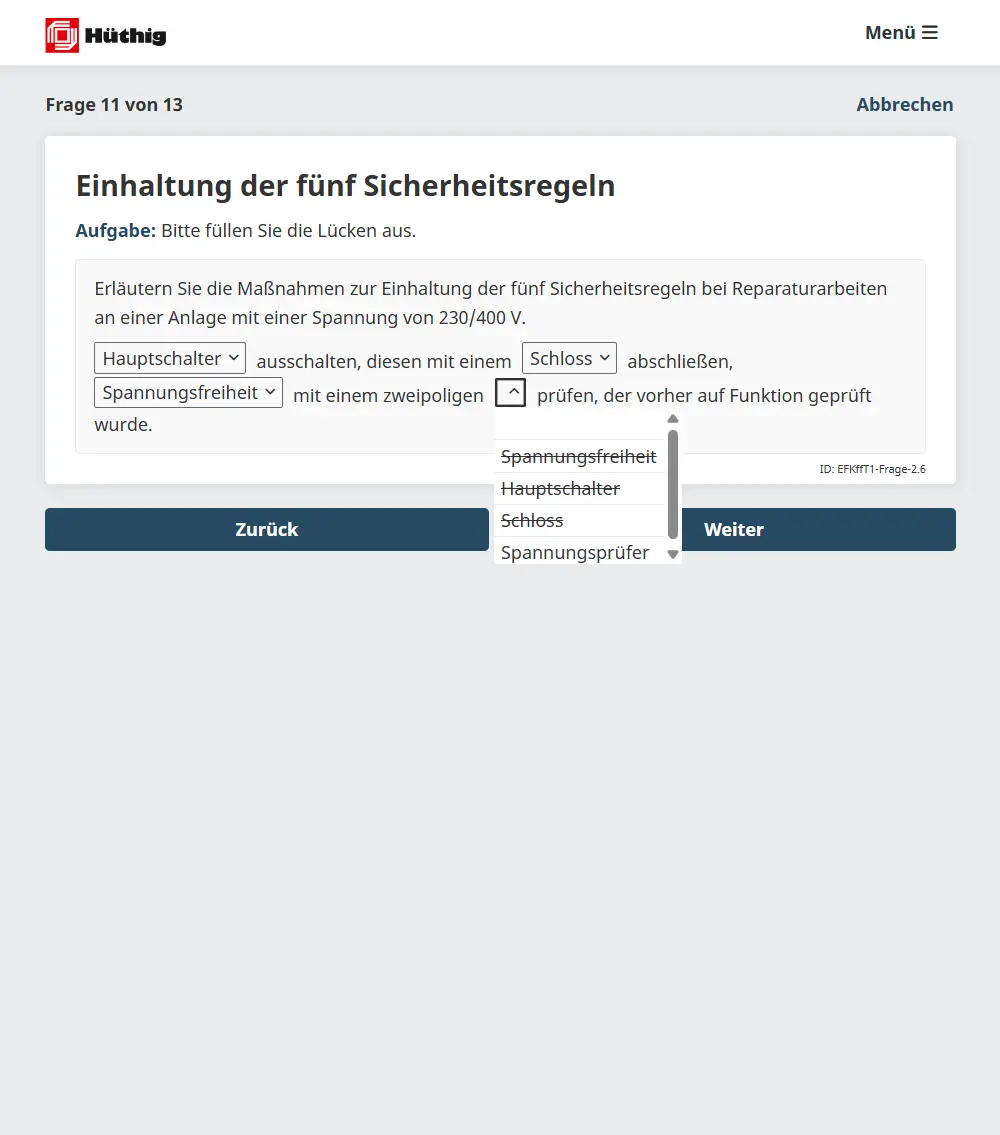 Screenshot einer Online-Übung zur Einhaltung der Kern-Sicherheitsregeln mit Auswahlfeldern.
