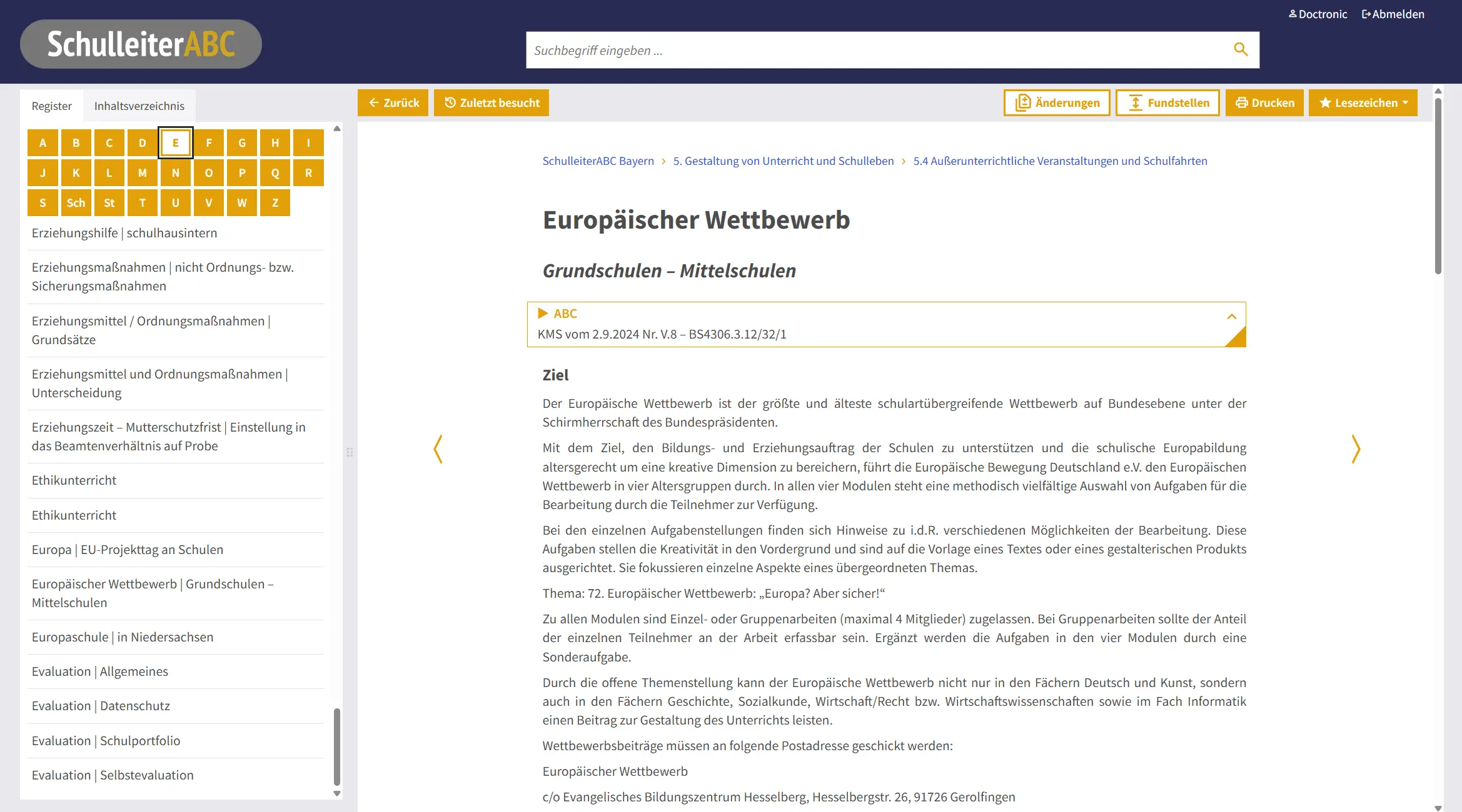 Screenshot des Registers des SchulleiterABC