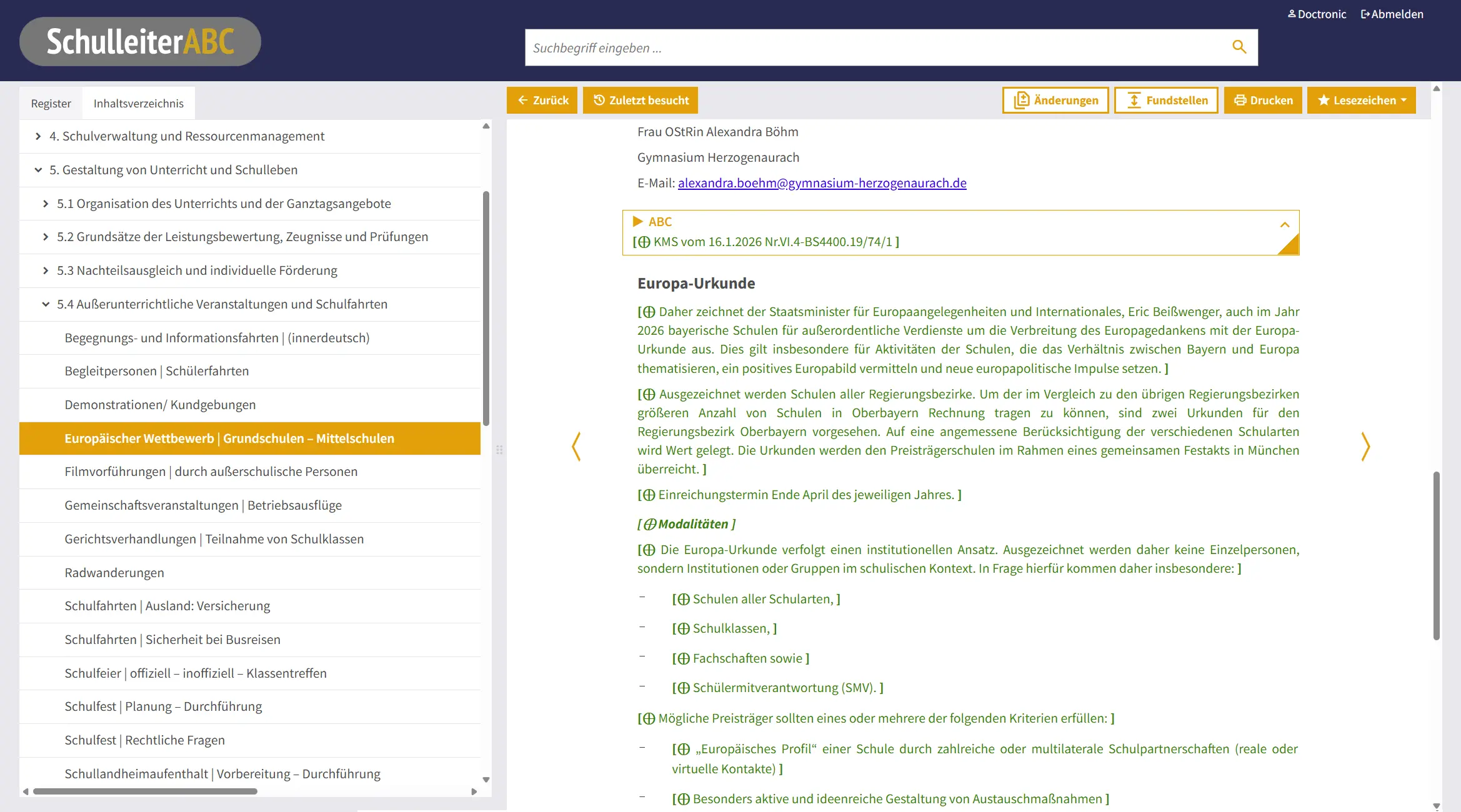 Screenshot der markierten Änderungen des SchulleiterABC