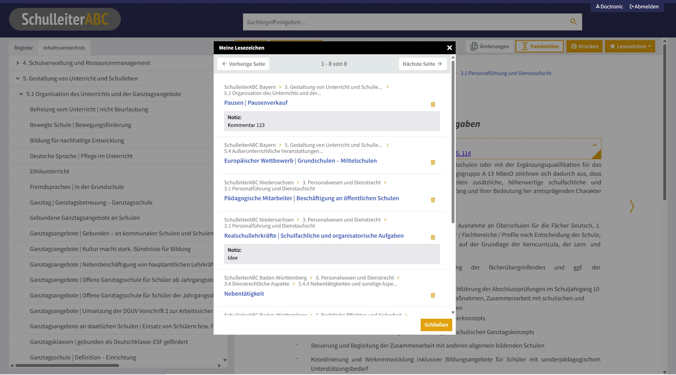 Screenshot der Lesezeichen des SchulleiterABC