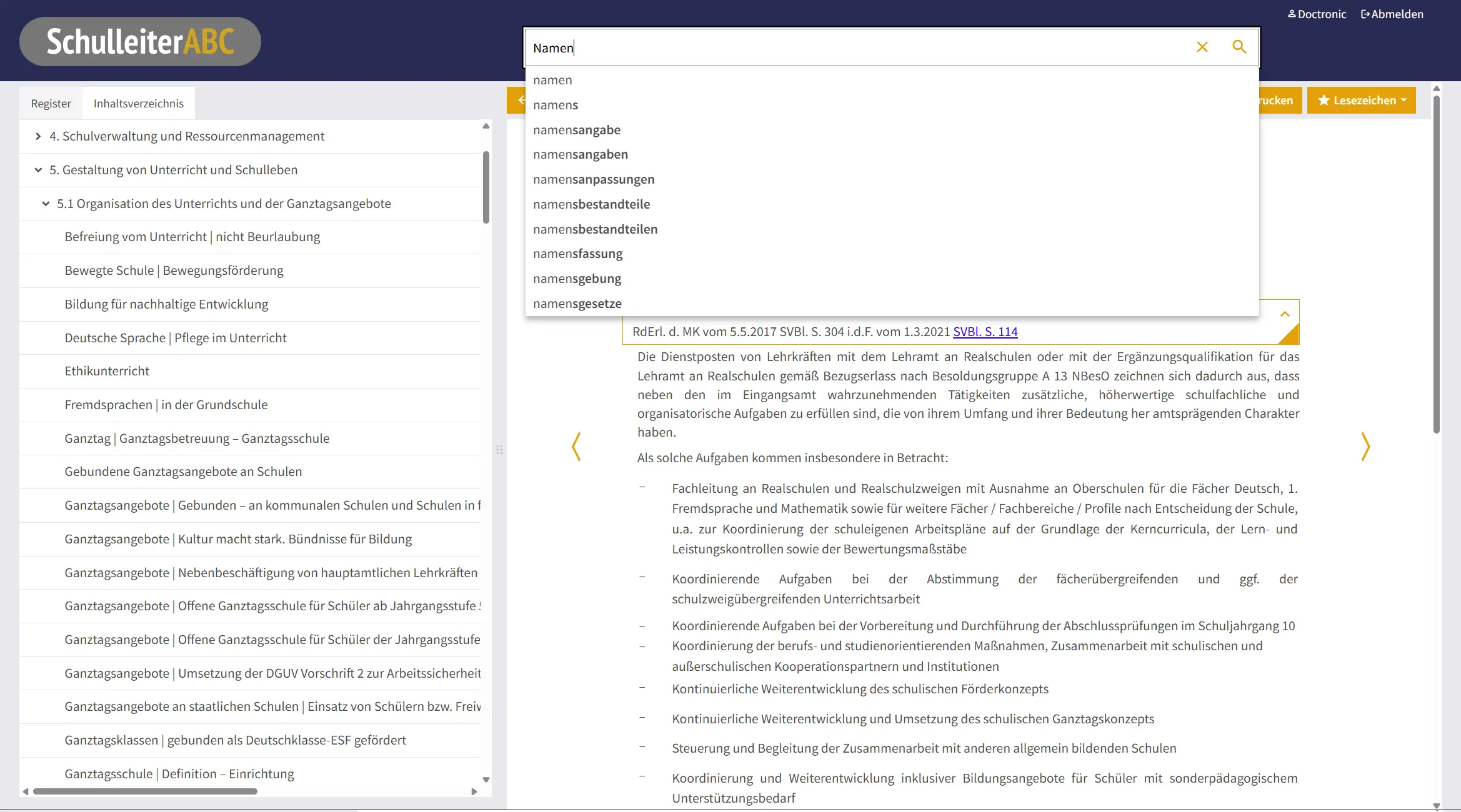 Screenshot des Suchschlitzes des SchulleiterABC