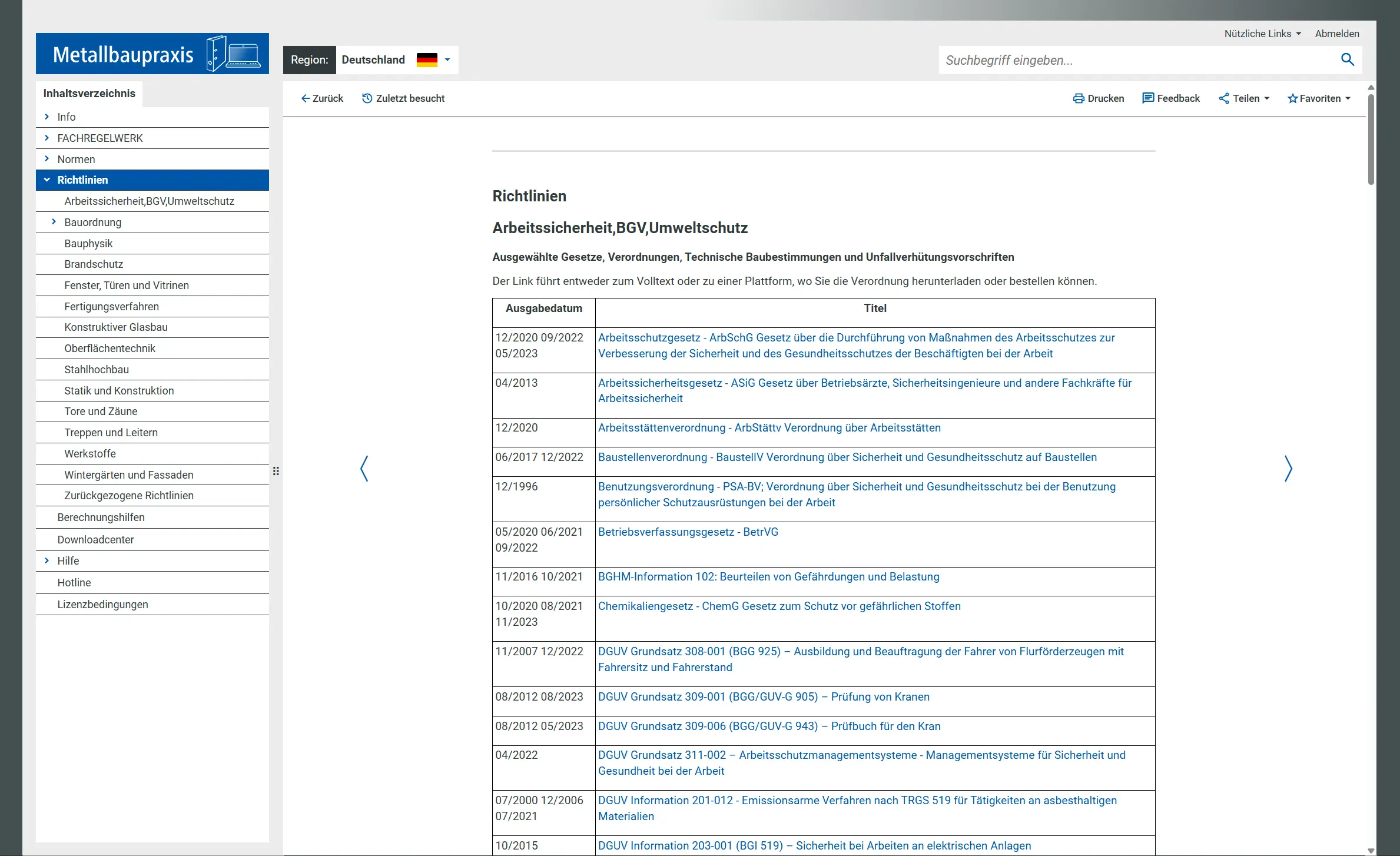 Screenshot der Richtlinien im Fachregelwerk Metallbaupraxis