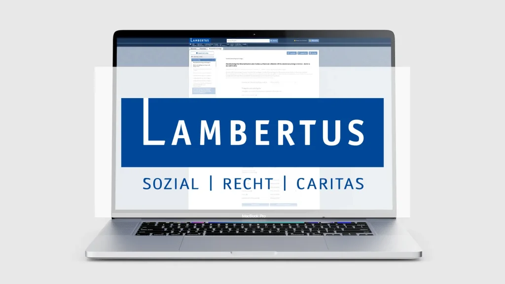 Laptop mit Lambertus-Logo und AVR-Dienstvertragsgenerator auf dem Bildschirm