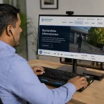 Mann mit Braillezeile und Ohrstöpsel nutzt Screenreader zum Vorlesen einer barrierefreien Website