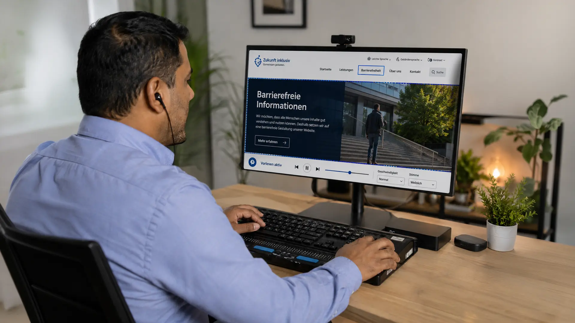 Mann mit Braillezeile und Ohrstöpsel nutzt Screenreader zum Vorlesen einer barrierefreien Website